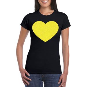 Verkleed T-shirt voor dames - hartje - zwart - geel glitter - carnaval/themafeest