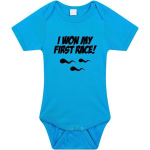 I Won My First Race Tekst Baby Rompertje Blauw Jongens - Kraamcadeau - Babykleding 56