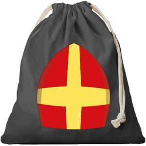 1x Sinterklaas cadeauzak zwart Mijter Sinterklaas met koord voor pakjesavond als cadeauverpakking