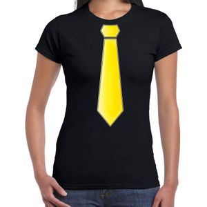 Verkleed t-shirt voor dames - stropdas geel - zwart - carnaval - foute party - verkleedshirt