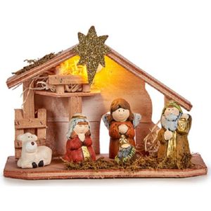 Kinder/kinderkamer kerststal - met beeldjes en verlichting - 22,5 cm