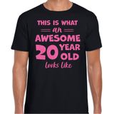 Cadeau T-shirt voor heren - leeftijd 20 jaar - awesome - zwart - glitter roze - Verjaardagsfeest