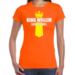 Koningsdag t-shirt King Willem lust ze wel met kroontje oranje voor dames