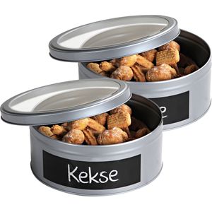 2x Zilveren ronde koekblikken opbergblikken/bewaarblikken 20 cm met krijtbord vlak