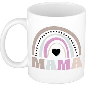 Cadeau koffie/thee mok voor mama - wit - lila regenboog - hartjes - keramiek - Moederdag