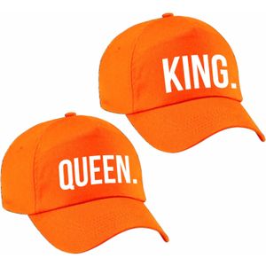 2x oranje baseballcaps met King en Queen tekst - Voor volwassenenen - Koningsdag/supporters petjes