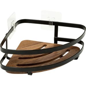 5Five Badkamer douche rekje organizer - zwart metaal/acacia hout - zuignappen - 20 x 20 x 7 cm - hoek plaatsing