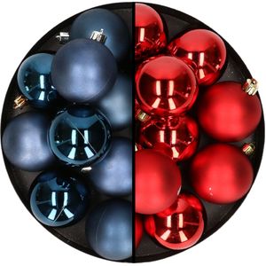 24x stuks kunststof kerstballen mix van rood en donkerblauw 6 cm