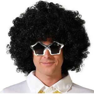 Carnaval verkleed afropruik - zwart - krullen - heren - Seventies/Disco thema - met ster zonnebril