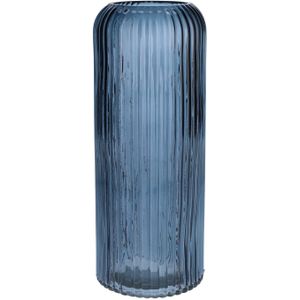 Bloemenvaas ribbel - denim blauw - transparant glas - D10 x H25 cm