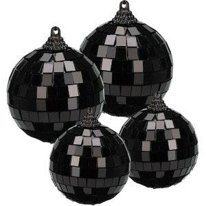 Grote discobal kerstballen - 4x st - zwart - 6 en 8 cm - kunststof