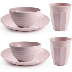 Camping Servies set - kunststof - roze - 8x borden/8x drinkbekers/8x kommetjes