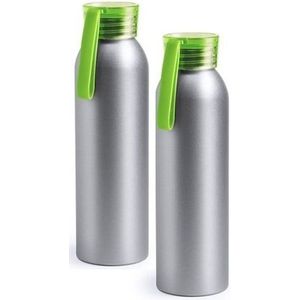 2x Aluminium drinkfles/waterfles met groene dop 650 ml