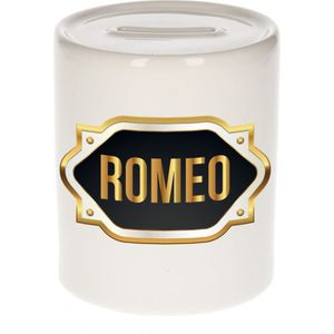 Naam cadeau spaarpot Romeo met gouden embleem