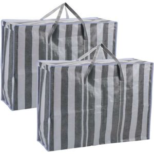 Dekentas/wastas met rits - 2x - gestreept - grijs - 80 x 58 x 28 cm - speelgoed opbergtas - maat L