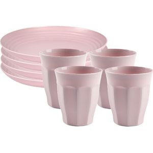 Servies van kunststof - 8x dinerborden en 8x drinkbekers - roze