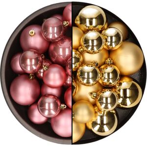 Kerstversiering kunststof kerstballen mix oud roze/goud 6-8-10 cm pakket van 44x stuks