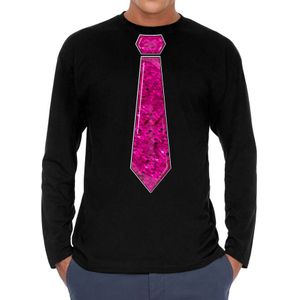 Verkleed shirt voor heren - stropdas pailletten roze - zwart - carnaval - foute party - longsleeve