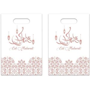 18x stuks Ramadan Mubarak thema feestzakjes/uitdeelzakjes wit/rose goud 23 x 17 cm