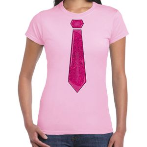 Verkleed t-shirt voor dames - stropdas glitter roze - licht roze - carnaval - foute party