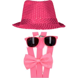 Carnaval verkleed set compleet - hoedje/bretels/bril/strikje - fuchsia roze - heren/dames - glimmend