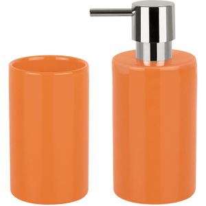 Badkamer accessoires set - zeeppompje/drinkbeker - porselein - oranje