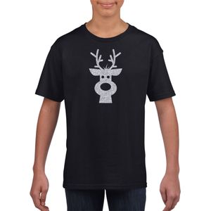 Rendier hoofd Kerst t-shirt zwart voor kinderen met zilveren glitter bedrukking