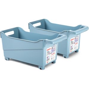 Opslag/opberg trolley container - 2x - ijsblauw - op wieltjes - L38 x B18 x H18 cm - kunststof