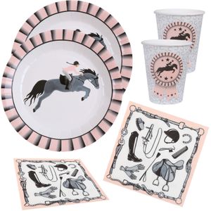 Paarden thema feest wegwerp servies set - 10x bordjes / 10x bekers / 20x servetten - grijs/roze