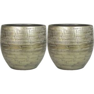 Set van 2x plantenpot/bloempot keramiek glans goud stones patroon - D24/H22 cm