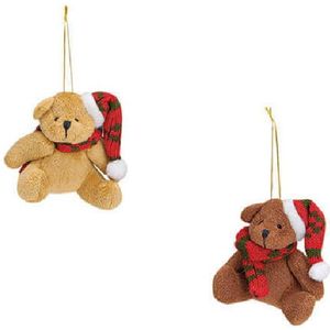 2x Kersthangers knuffelbeertjes beige en bruin met gekleurde sjaal en muts 7 cm