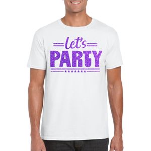 Verkleed T-shirt voor heren - lets party - wit - glitter paars - carnaval/themafeest