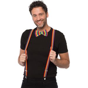 Carnaval verkleed bretels en strikje - regenboog - volwassenen - verkleed accessoires