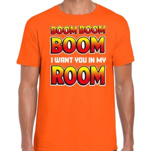 Foute party t-shirt voor heren - Boom boom boom i want you in my room - oranje - carnaval/themafeest