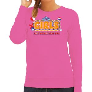 Koningsdag sweater voor dames - girls just wanna have fun - roze - oranje feestkleding