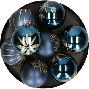 Gedecoreerde kerstballen - 16x st - 8 cm - kunststof - blauw/goud