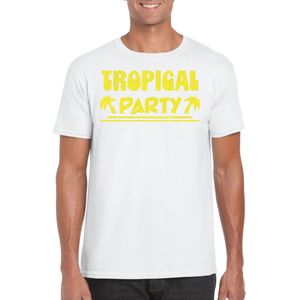 Tropical party T-shirt voor heren - met glitters - wit/geel - carnaval/themafeest