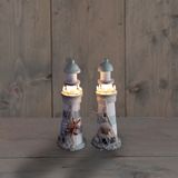 Vuurtoren beeldje met LED licht - Hout - 30 cm - wit/blauw - Maritieme woon decoraties