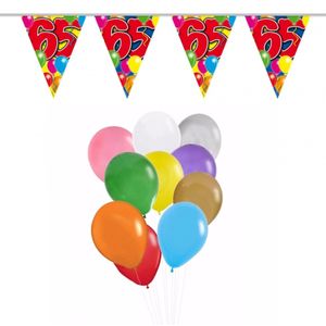 Verjaardag 65 jaar feest thema set 50x ballonnen en 2x leeftijd print vlaggenlijnen