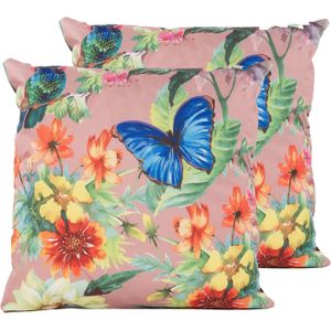 Sierkussen voor binnen en buiten - 2x - vlinder - oud roze - 45 x 45 cm - tuinkussen