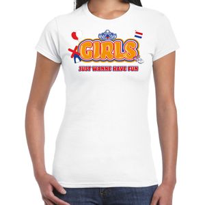 Koningsdag verkleed T-shirt voor dames - girls just wanna have fun - wit - feestkleding
