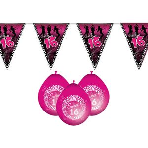 Sweet 16/Sixteen versiering pakket vlaggetjes/ballonnen roze