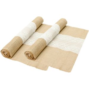 Jute tafelloper - 2x - met wit kant - 60 x 300 cm - extra breed