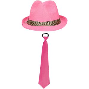 Carnaval verkleedset Pinkman - hoed en stropdas - roze - heren/dames - verkleedkleding