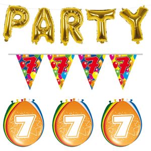 Verjaardag feestversiering 7 jaar PARTY letters en 16x ballonnen met 2x plastic vlaggetjes