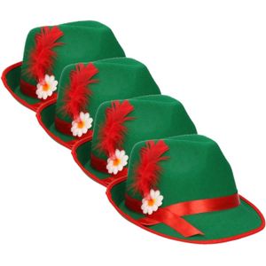 Set van 4x stuks groen/rood Tiroler hoedje verkleedaccessoire voor volwassenen