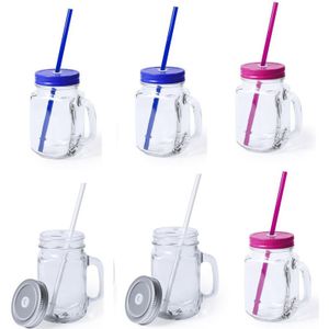 Set van 9x glazen drinkbekers dop/rietje 500ml zilver/blauw/roze