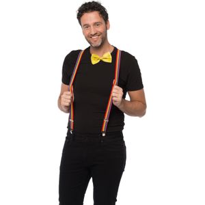 Carnaval verkleedset bretels en strik - regenboog - geel - volwassenen/unisex - feestkleding