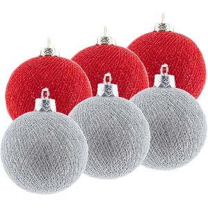 6x Rode en zilveren kerstballen 6,5 cm Cotton Balls kerstboomversiering