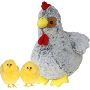 Pluche kip knuffel - 30 cm - grijs - met 2x gele kuikens 7 cm - kippen familie